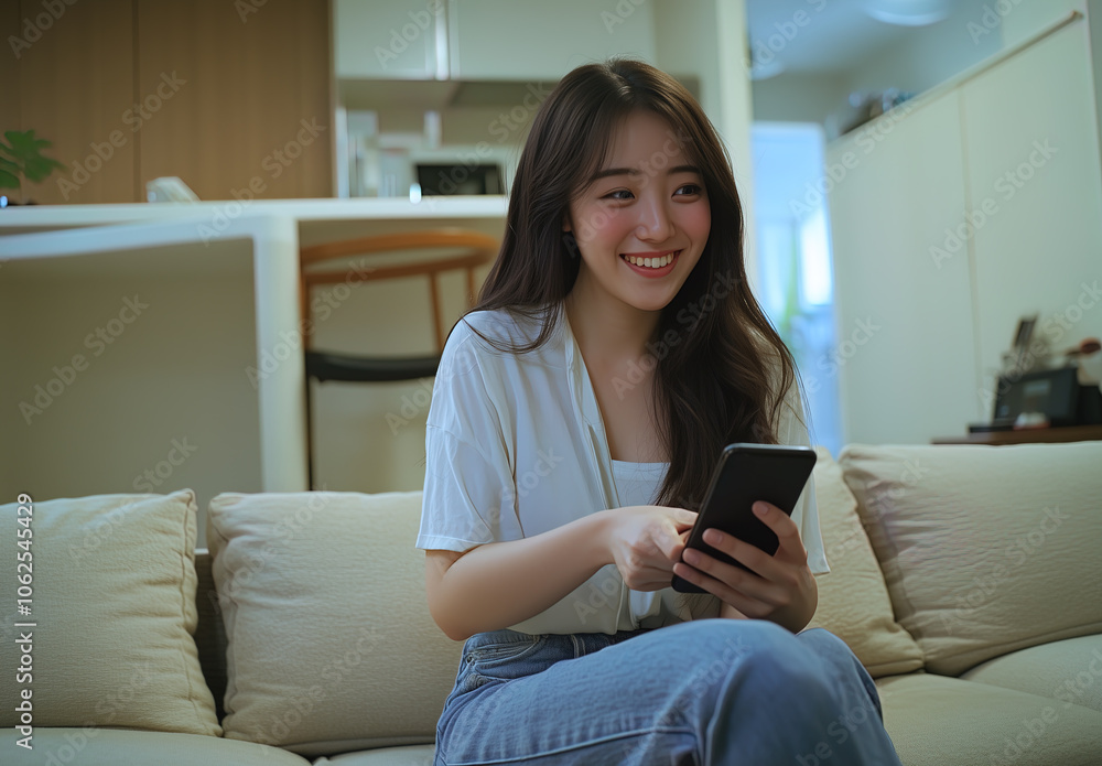 Happy and smiling young Asian woman sitting on a sofa holding her smartphone in a brightly lit beautiful livingroom with a bokeh background Happy and smiling young Asian woman sitting on a sofa holding her smartphone in a brightly lit beautiful livingroom with a bokeh background