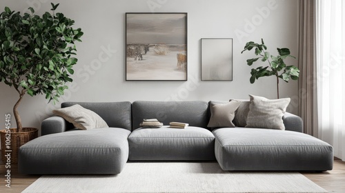 A living room with a grey sectional sofa, a potted plant