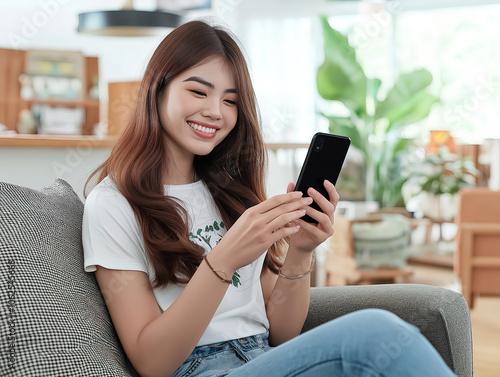 Happy and smiling young Asian woman sitting on a sofa holding her smartphone in a brightly lit beautiful livingroom with a bokeh background 