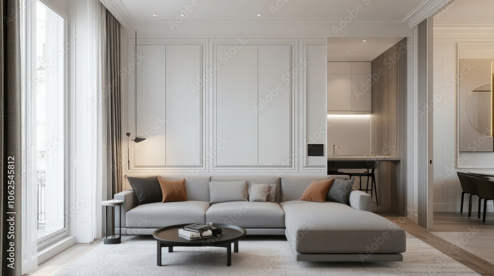A modern living room with a white wall and a grey couch A modern living room with a white wall and a grey couch