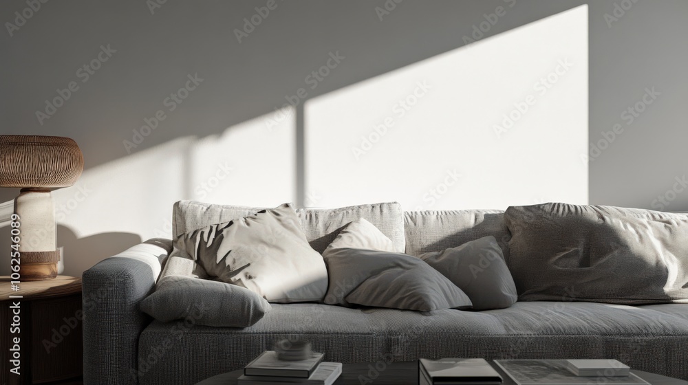 A couch with pillows and a lamp on a table A couch with pillows and a lamp on a table
