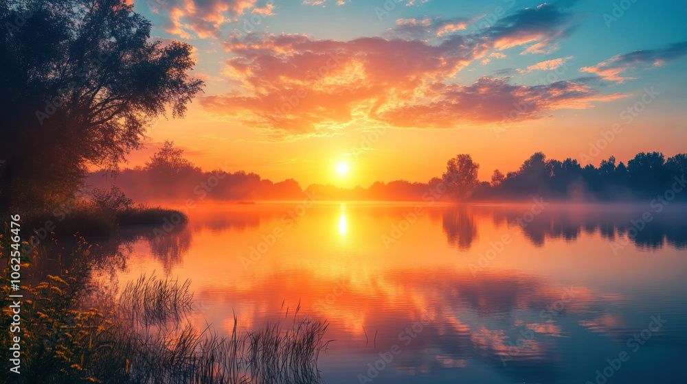 Obraz premium Serene Lake Reflection at Sunset