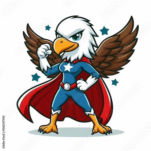 A muscular cartoon eagle wearing a red cape and a superhero costume. photo