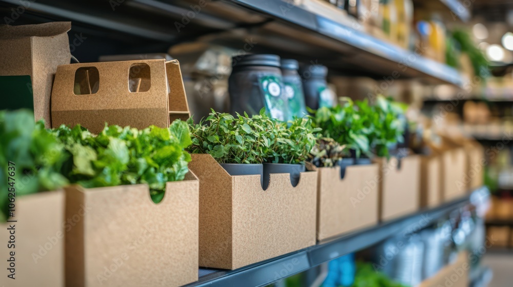 A row of potted plants are displayed on a shelf in a store A row of potted plants are displayed on a shelf in a store