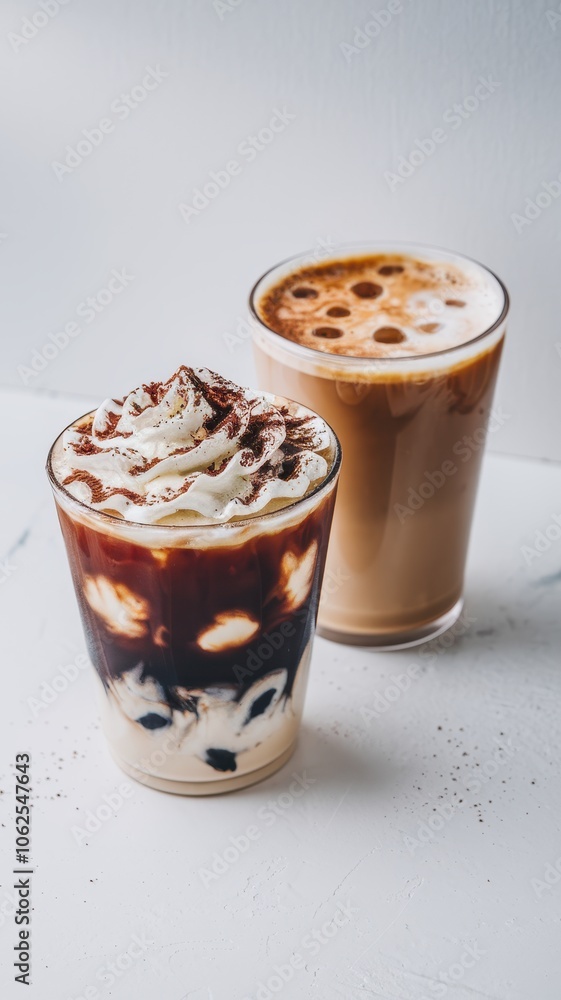 Iced Coffee and Frappe with Whipped Cream on White Table Iced Coffee and Frappe with Whipped Cream on White Table
