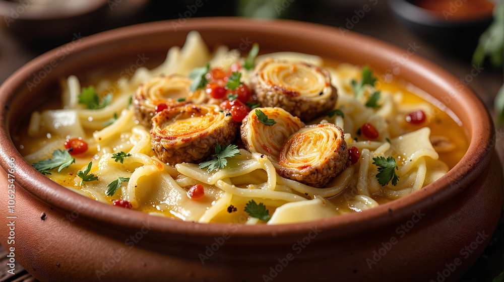 Creamy pasta soup with roasted leeks in earthenware bowl Creamy pasta soup with roasted leeks in earthenware bowl