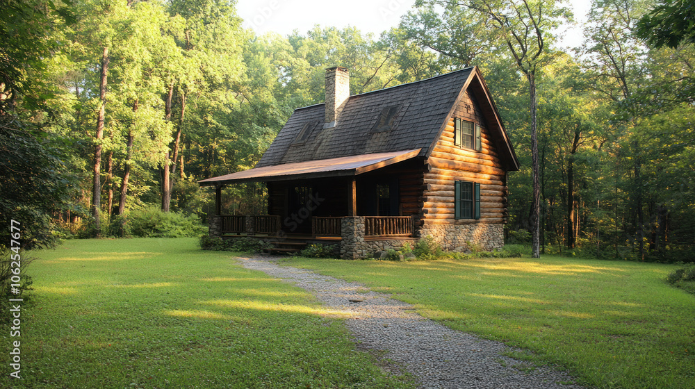Fototapeta premium Serene Cabin Surrounded by Lush Forest Landscape