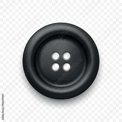 Black Color Metal Clothes Button with Four Holes, Isolated. Round Button Closeup, Front View. Design Template for Sewing, Fashion, Clothing Concept. Detailed Button Illustration for Craft Projects