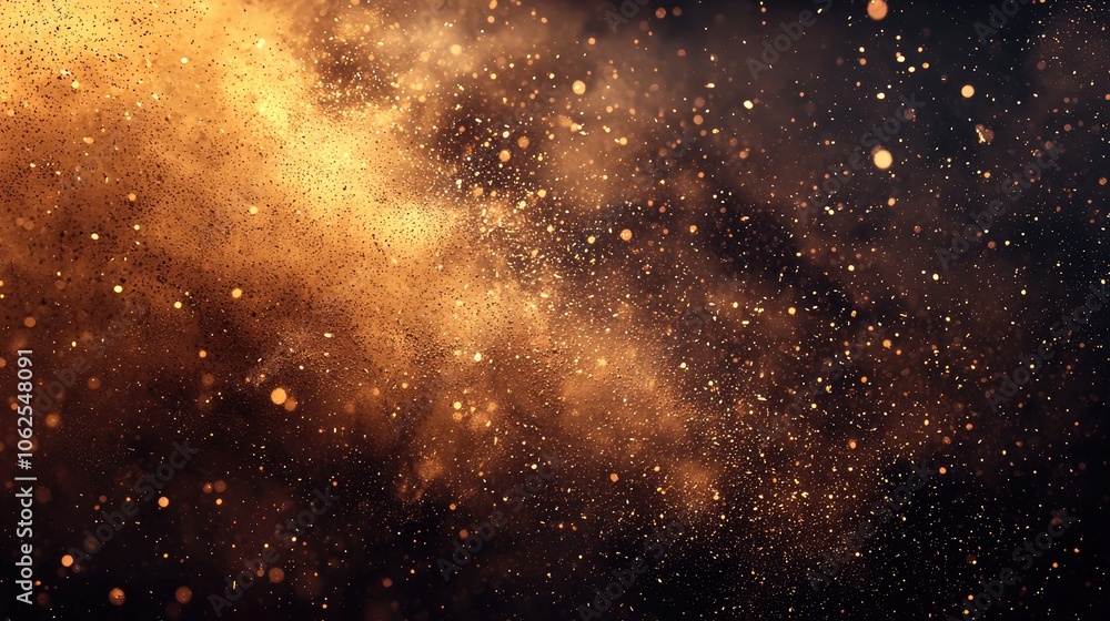A cloud of golden dust particles against a dark background. A cloud of golden dust particles against a dark background.