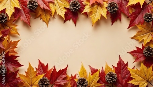 Thanksgiving border background- colorful fall leaves, pinecones, and small branches. photo