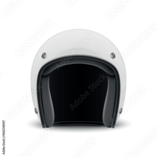 Vector 3d Realistic Blank White Glossy Classic Vintage Open-Face Motorbike Helmet Design Template for Mockup. Front View. Motorcycle Helmet Icon, Closeup, Isolated