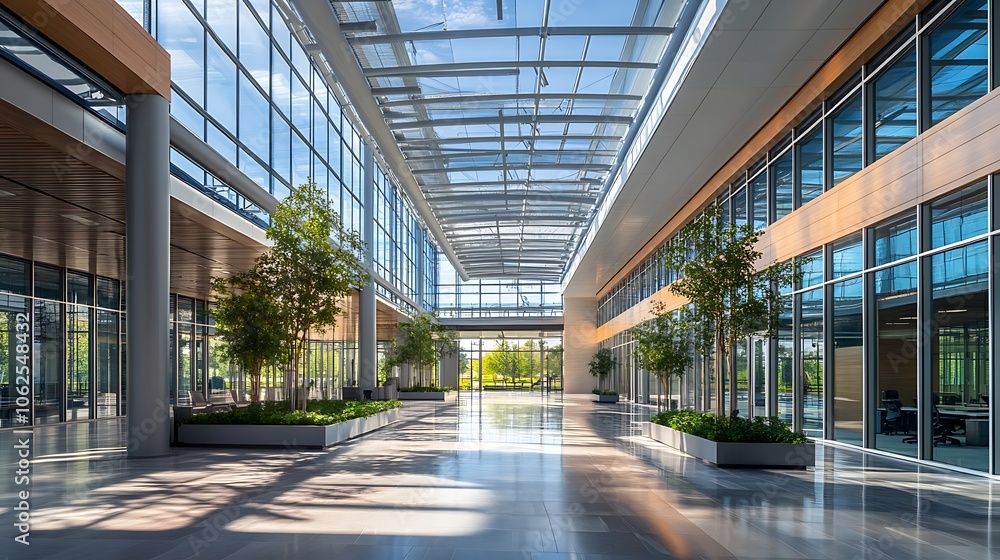 Modern Office Building Interior with Glass Walls and Skylight Modern Office Building Interior with Glass Walls and Skylight