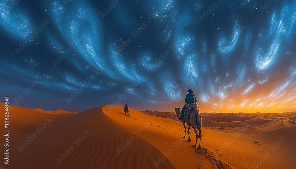 Fototapeta premium Two figures on camels traverse a vibrant desert under a cosmic sky.