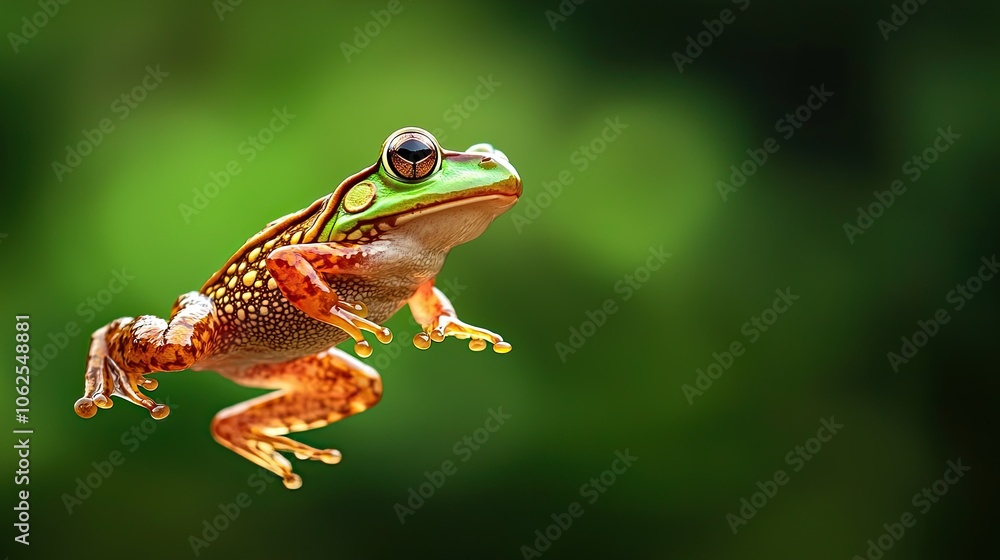 Colorful frog leaping with vibrant details, green blurred background. Colorful frog leaping with vibrant details, green blurred background.