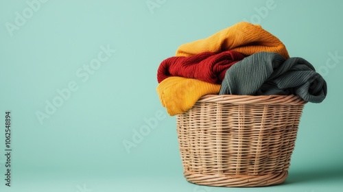 Colorful knitted blankets in a wicker basket on a pastel background.