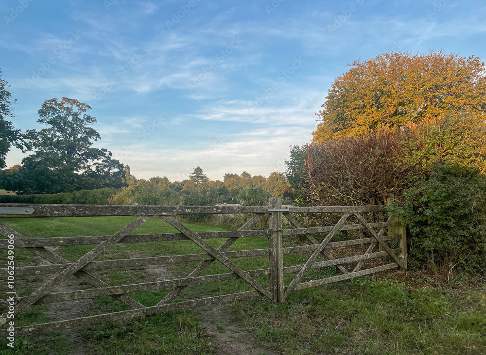 rustic wooden gate in a serene landscape, framed by lush greenery and trees under a clear blue sky rustic wooden gate in a serene landscape, framed by lush greenery and trees under a clear blue sky