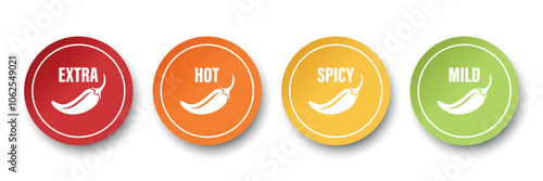 Realistic Vector Round Stickers with Spicy Chili Pepper Icon, Food Spicy Level. Red, Orange, Yellow, Green Jalapeno Pepper Strength Scale Sticker Indicators with Mild, Spicy, Hot and Extra Positions