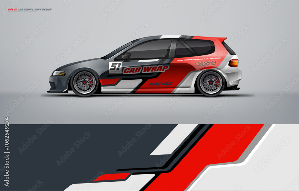 Fototapeta premium Racing Car branding mockup with racing wrap decal or livery design, Hatchback wrap design with red black color and background. Hatchback and sedan vector ready print printable file