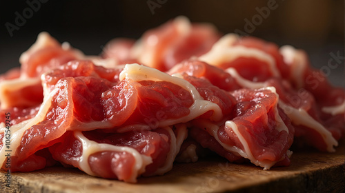 Thinly sliced prosciutto on wooden board close-up photo