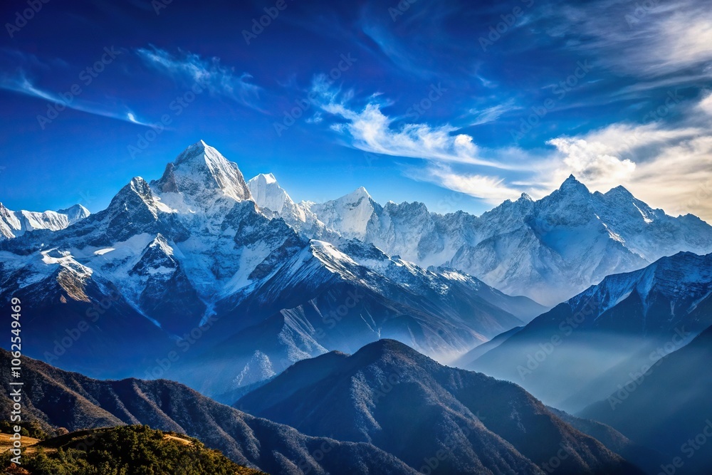 Obraz premium Wide angle shot of the snow capped Himalayas and blue skies silhouette