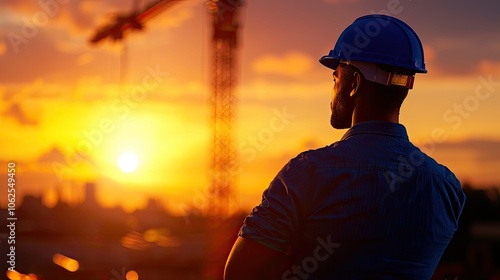 Silhouette of a construction worker at sunset, crane in background, thoughtful pose