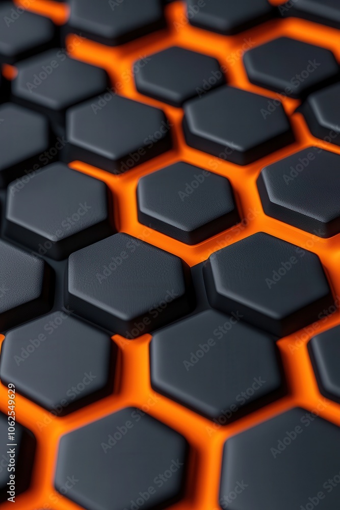 Close-up of black hexagonal shapes on an orange background, showcasing a modern and dynamic design aesthetic. Close-up of black hexagonal shapes on an orange background, showcasing a modern and dynamic design aesthetic.