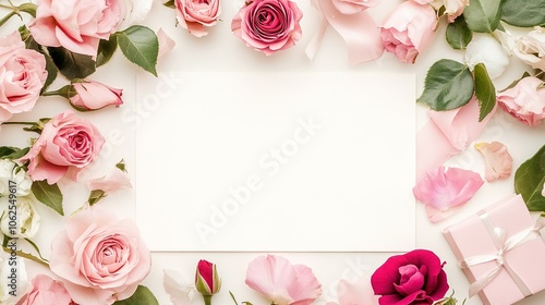 A beautifully designed birthday invitation card frame background featuring a top view, flat lay arrangement. The frame is elegantly crafted with colorful confetti and cheerful decorations, 