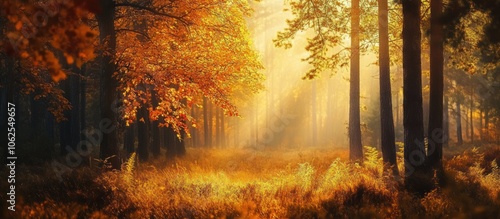 Sunbeams illuminate a misty forest in autumn, with golden foliage and tall trees.