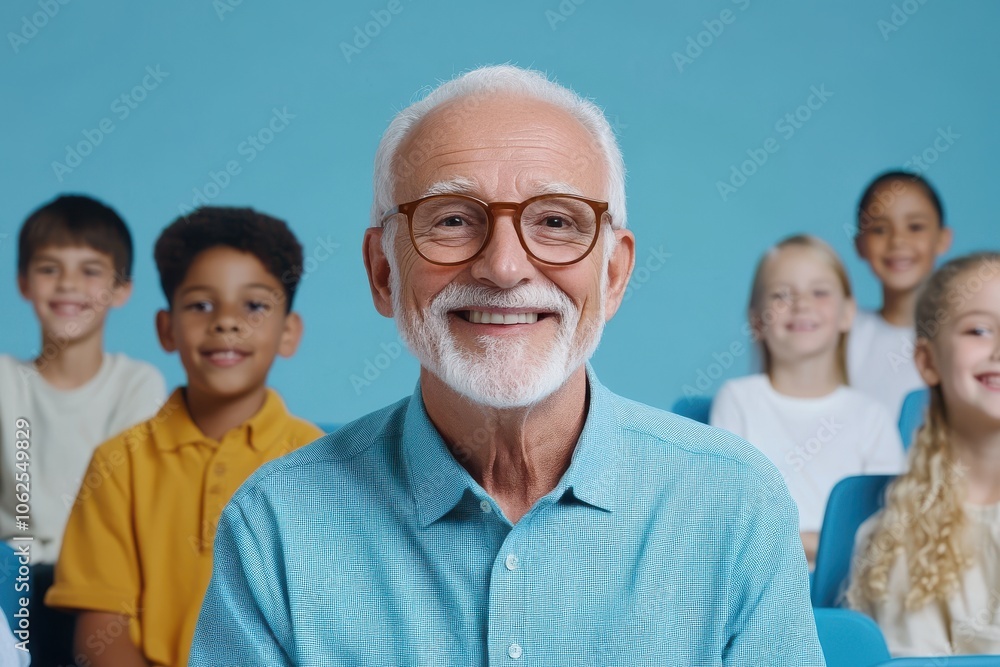 An elderly Caucasian man with glasses smiles warmly in a crowd of people, showcasing a joyful atmosphere. An elderly Caucasian man with glasses smiles warmly in a crowd of people, showcasing a joyful atmosphere.