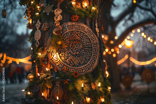 Yule Tree Decorated with Viking Runes and Lights Symbolizing Pagan Scandinavian Winter Solstice and Norse Yggdrasil Mythology photo