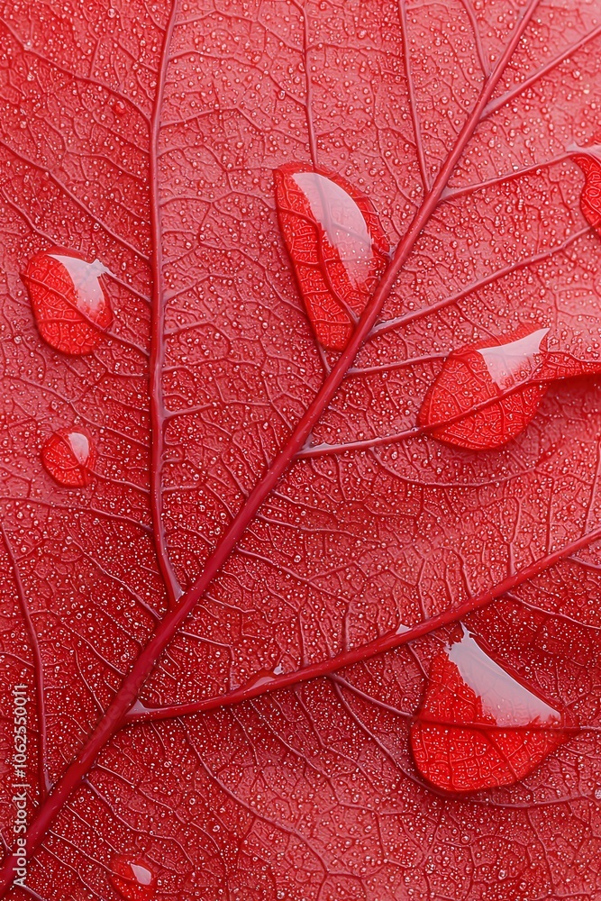 Obraz premium Close-up of a vibrant red leaf with glistening water droplets, showcasing intricate vein patterns.