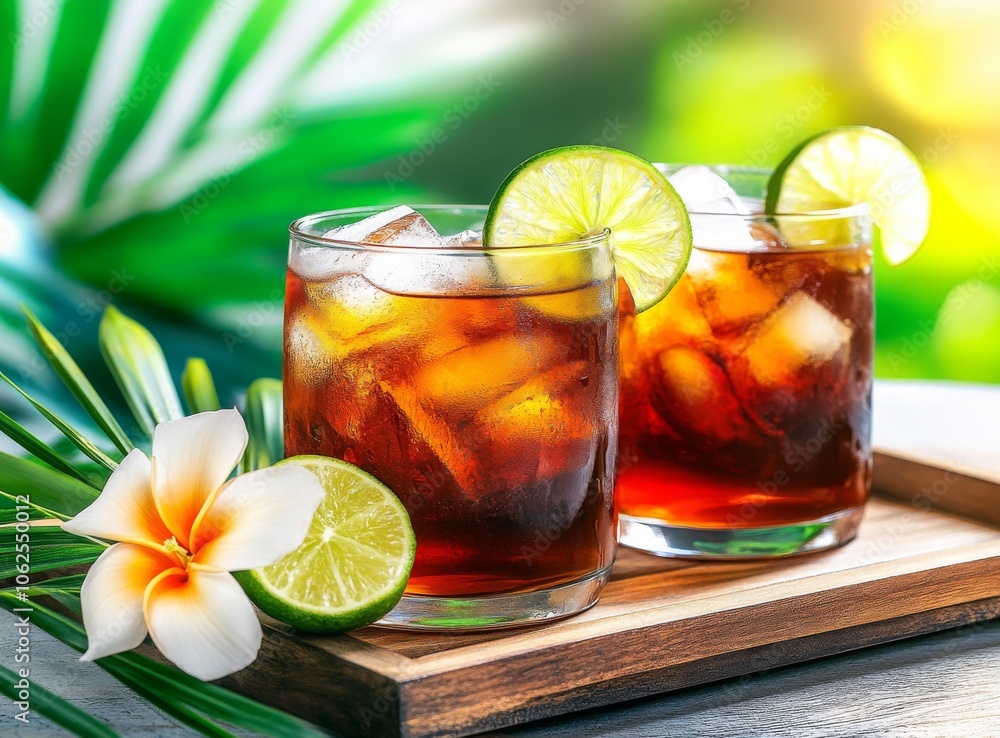 Refreshing cocktails with lime garnish surrounded by tropical vibes and floral accents Refreshing cocktails with lime garnish surrounded by tropical vibes and floral accents