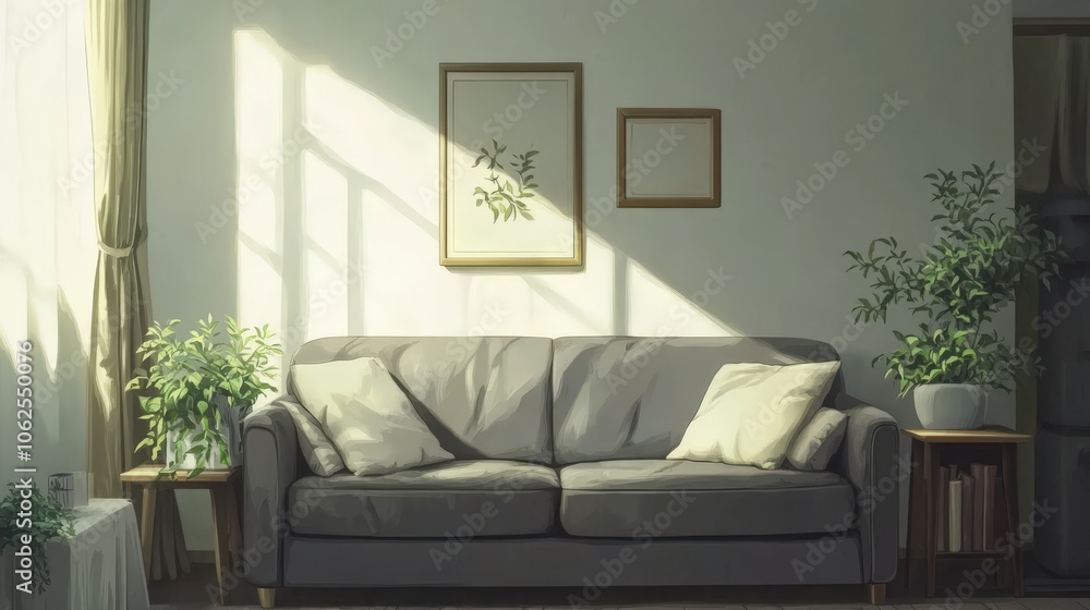 A couch is in a room with a window and a potted plant