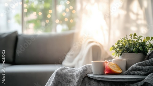 A cozy living room with a couch, a coffee table, and a potted plant