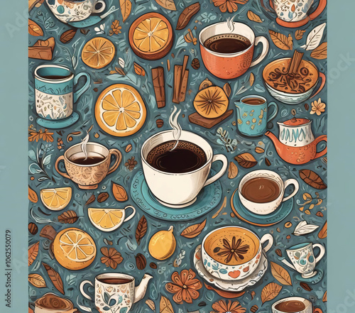 A poster of a cup of coffee and bread