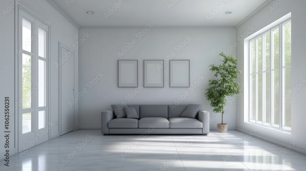 A living room with a white couch and a potted plant A living room with a white couch and a potted plant