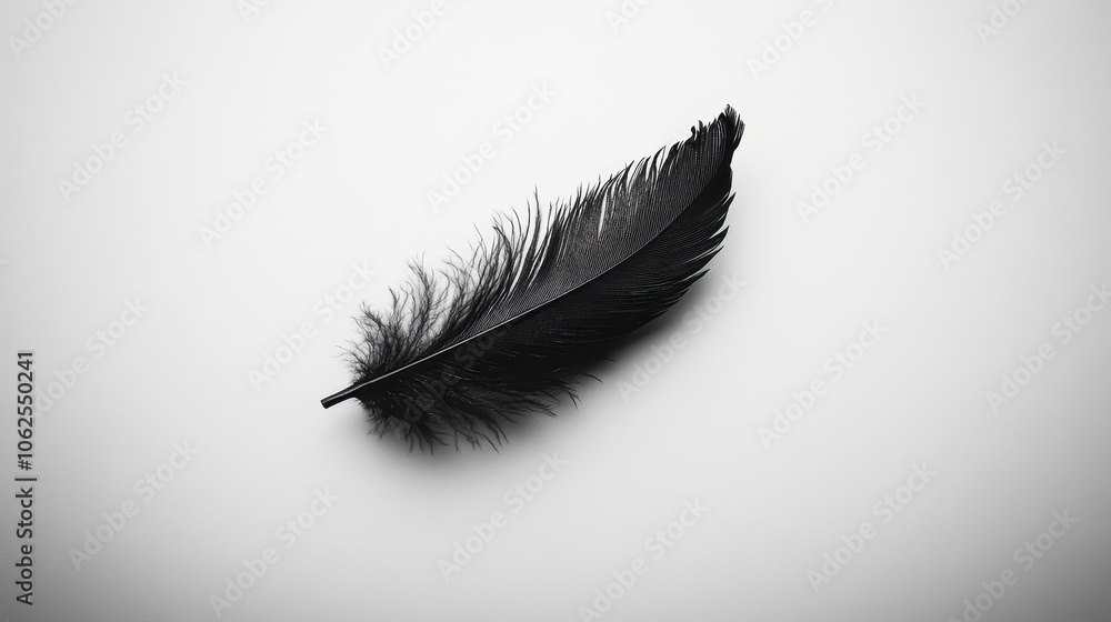 A crow feather gracefully rests on a pristine white backdrop, highlighting its intricate textures and subtle shades of black and gray. A crow feather gracefully rests on a pristine white backdrop, highlighting its intricate textures and subtle shades of black and gray.