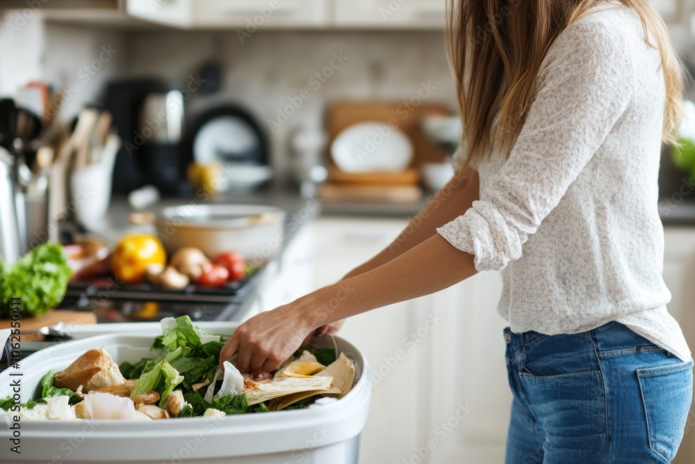 Woman Disposing Leftovers in Casual Home Setting Woman Disposing Leftovers in Casual Home Setting