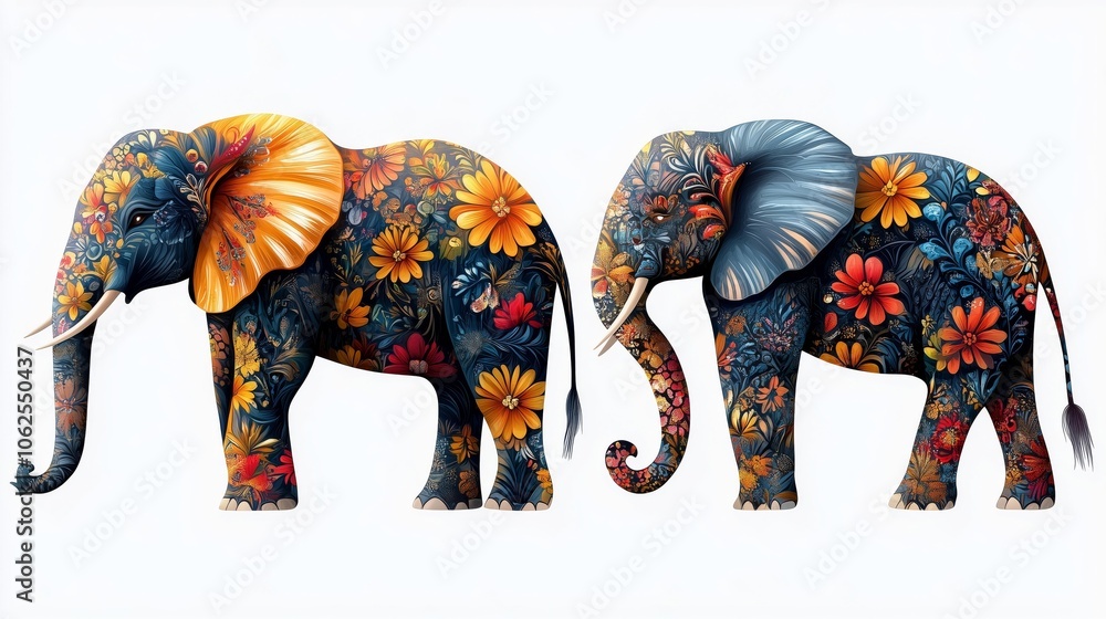 Obraz premium Colorful Elephants Embellished with Floral Patterns and Designs