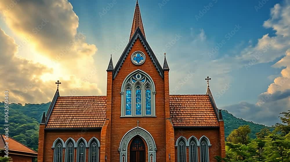 A picturesque church with a tall spire surrounded by lush greenery and a scenic sky footage