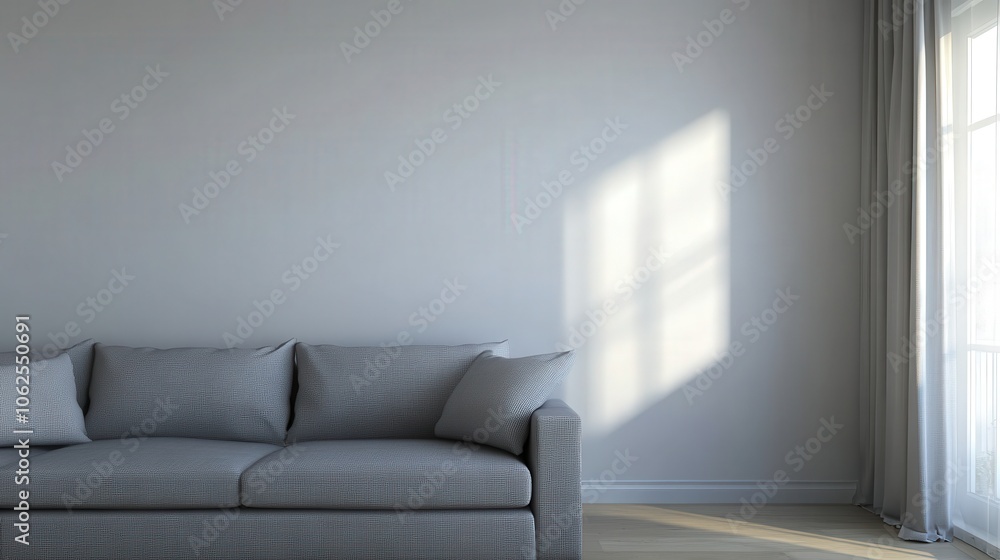 Fototapeta premium A large gray couch sits in a room with a white wall and a window