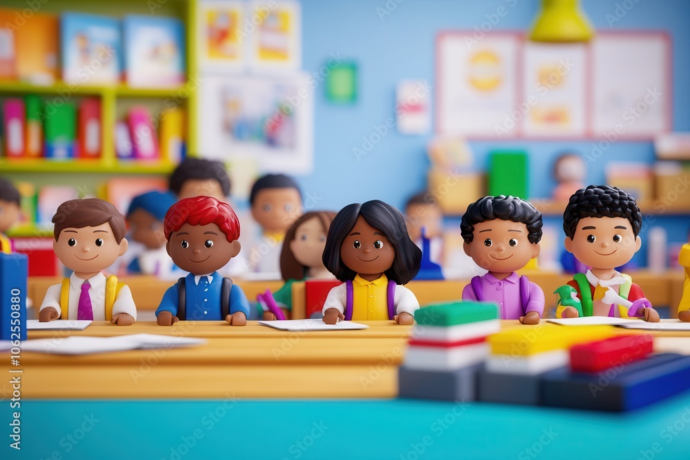 A diverse group of children in a bright classroom, engaged in learning activities with colorful school supplies. A diverse group of children in a bright classroom, engaged in learning activities with colorful school supplies.