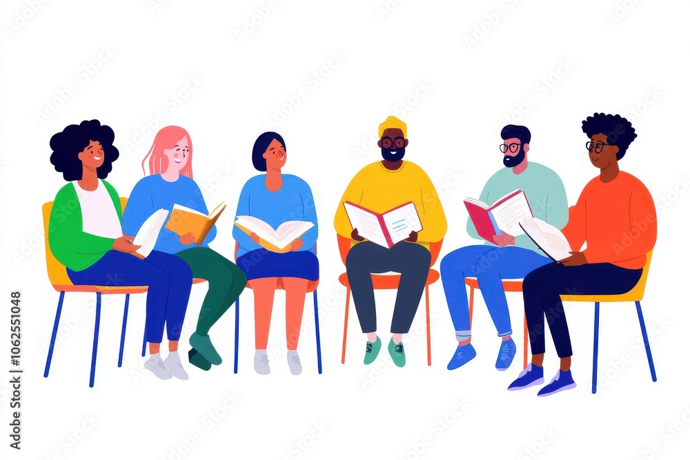 A diverse group of adults engaged in a book club, sharing ideas and enjoying reading in a cozy setting. A diverse group of adults engaged in a book club, sharing ideas and enjoying reading in a cozy setting.