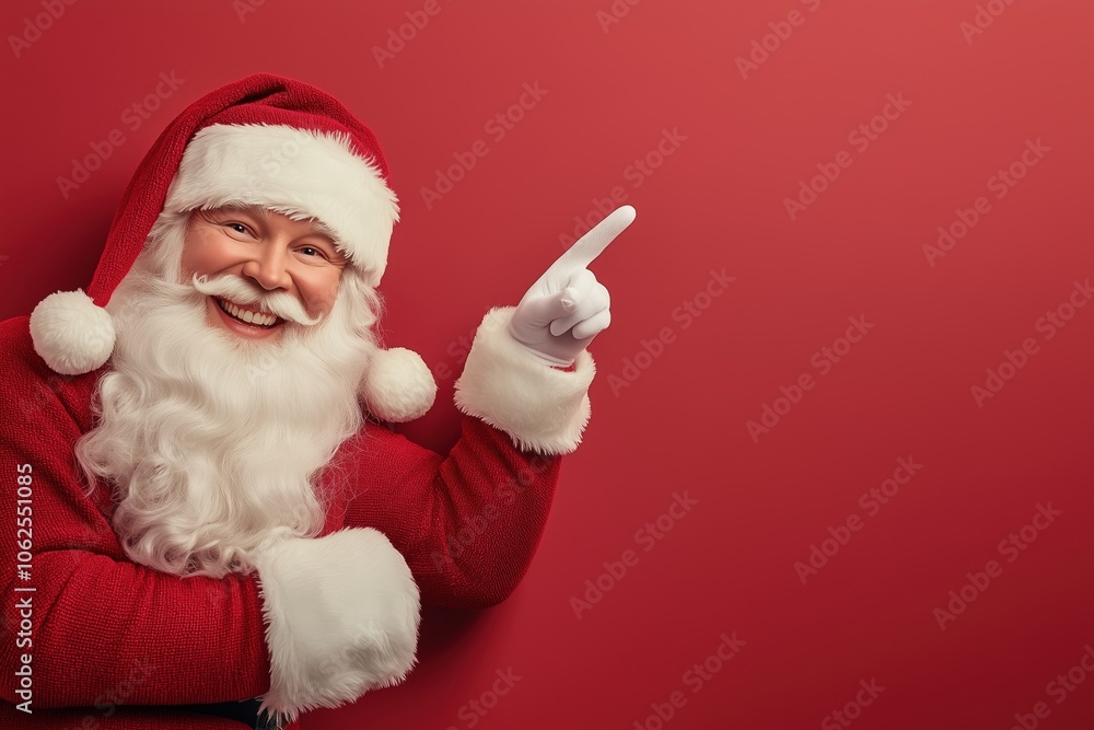 Smiling Santa Claus points his finger at the top Smiling Santa Claus points his finger at the top