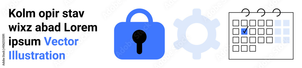Lock icon, gear symbol, and calendar with check mark representing themes of security, settings, and scheduling. Ideal for cybersecurity, IT management, organization, productivity, planning Lock icon, gear symbol, and calendar with check mark representing themes of security, settings, and scheduling. Ideal for cybersecurity, IT management, organization, productivity, planning