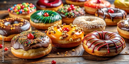 A colorful assortment of donuts adorned with sprinkles, chocolate, and fruit, displayed on a rustic wooden surface.