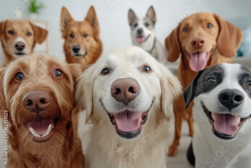 A joyful group of seven dogs, featuring mixed breeds, sitting together against a whites backdrop, all smiling happily.