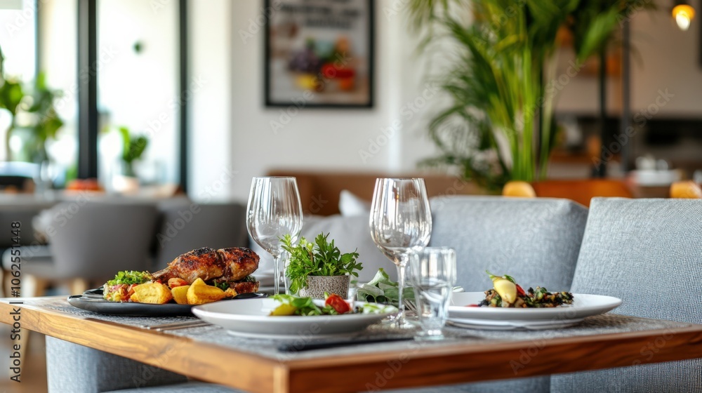 A table with a variety of food and drinks, including a plate of chicken A table with a variety of food and drinks, including a plate of chicken
