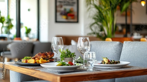 A table with a variety of food and drinks, including a plate of chicken