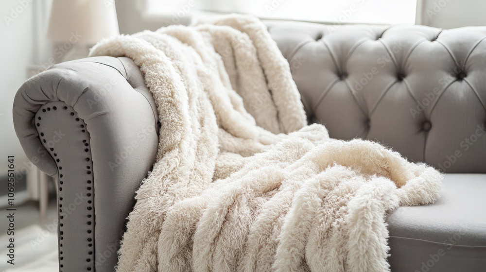 A white blanket is draped over a gray couch A white blanket is draped over a gray couch
